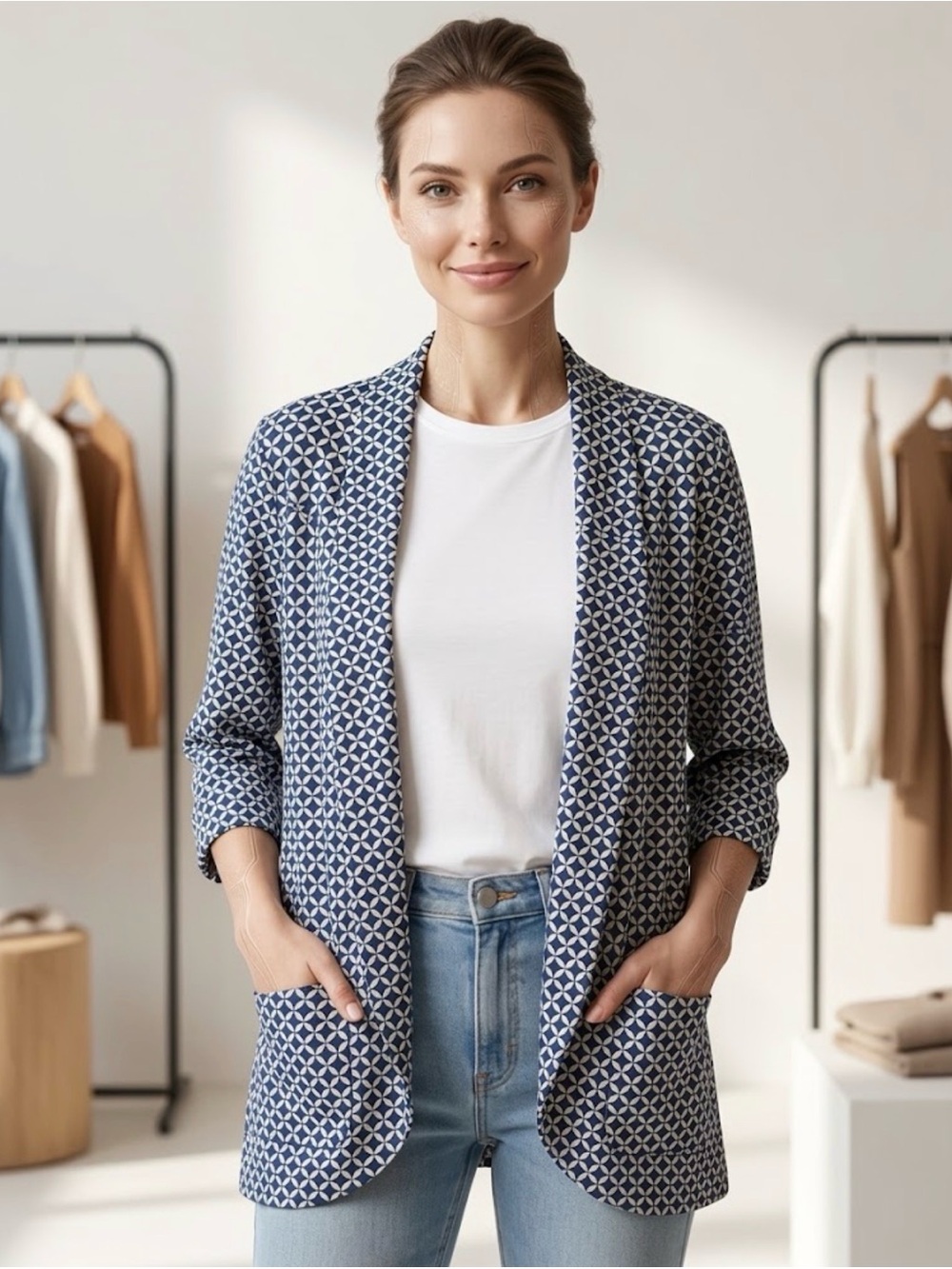 Blue White Geometric Print Knit Fabric 3/4 Sleeve Stretch Cardigan Size 2X Plus